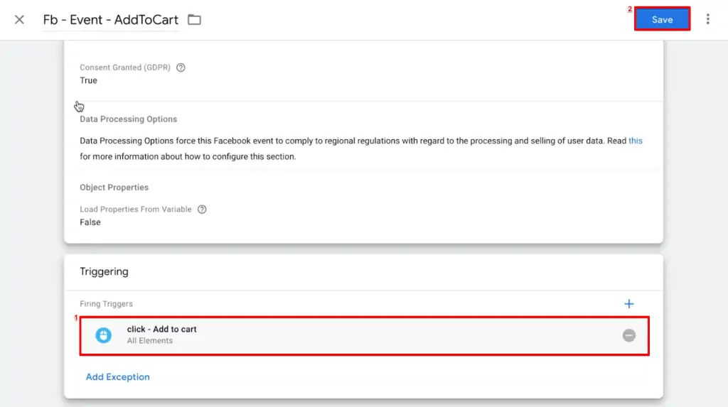 Configuring an add to cart trigger for the Facebook add to cart Tag in GTM