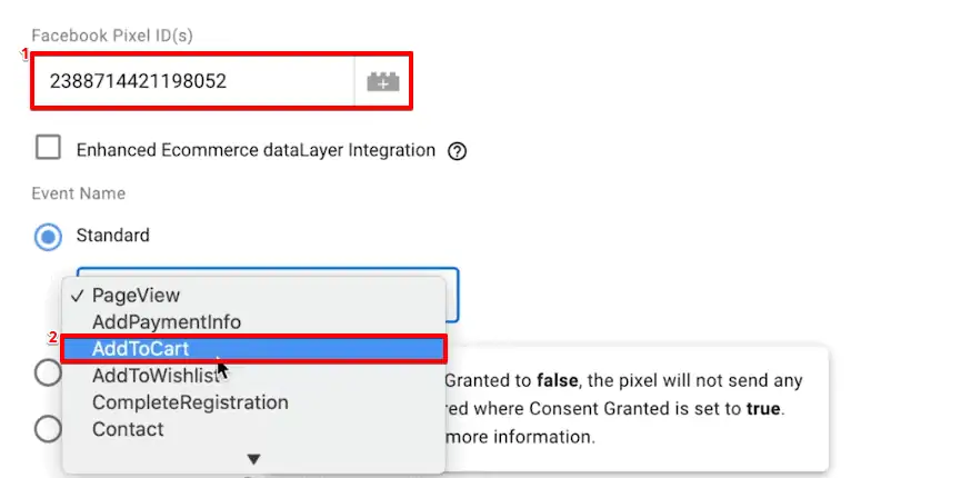 Configuring the Facebook Pixel ID and the AddToCart event to a Tag in Google Tag Manager