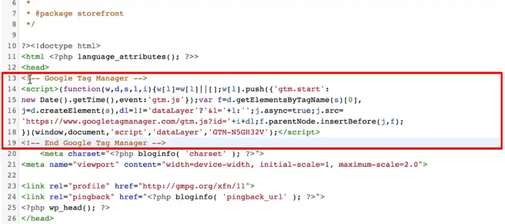 Configuring the GTM header code on the website source snippet