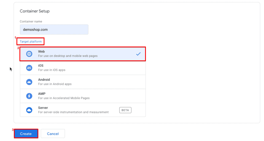 Creating the container set up for a new Google Tag Manager account