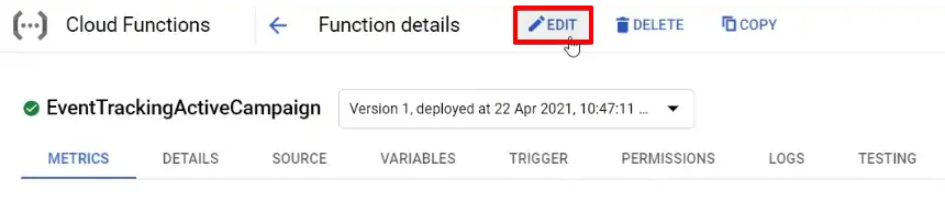 Editing function details to copy event tracking URL on Google Cloud account