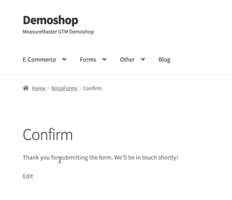 Entering the confirmation page for filling out a form on the website