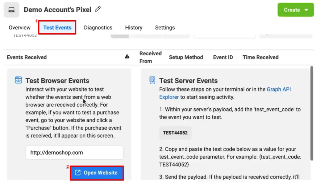 Entering the preview mode from the Test Events section of the Facebook Pixel account