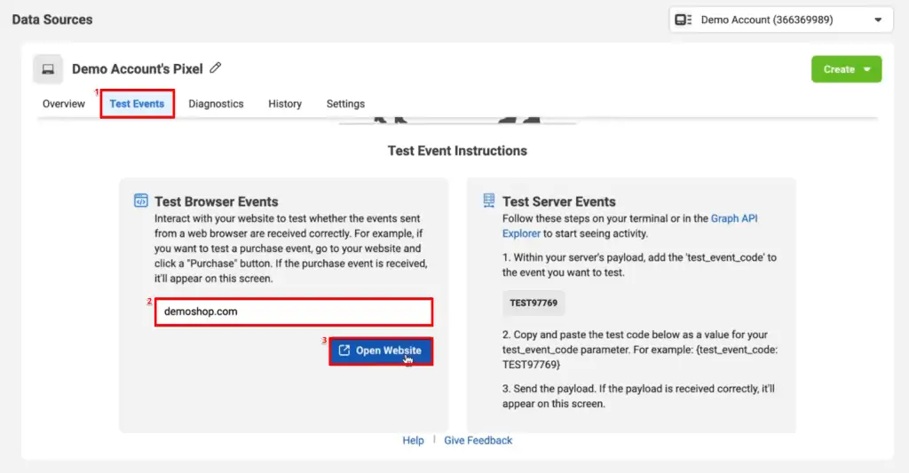 Entering the preview mode of the website from the test events section of the Facebook Business Manager Account