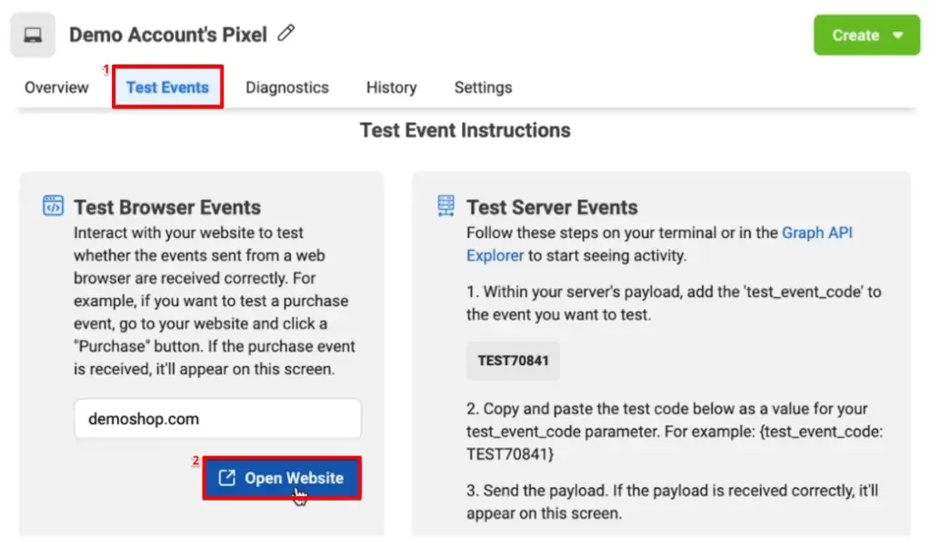 Entering the preview mode of the website from the test events section of the Facebook Business Manager account