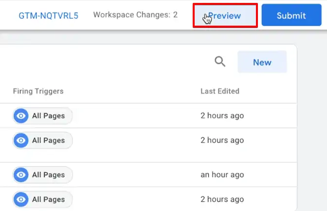 Entering the preview mode of the website to analyze tracking changes to the website