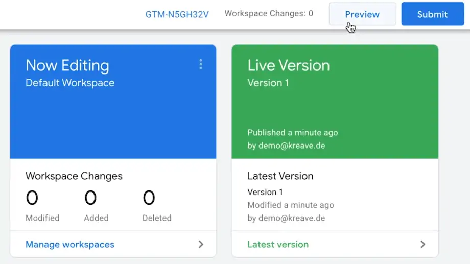 Entering the preview mode of the website to verify changes made through Google Tag Manager