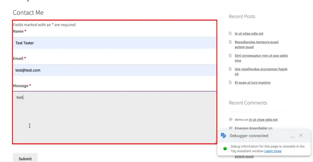 Filling out a sample form on the website to generate data for tracking