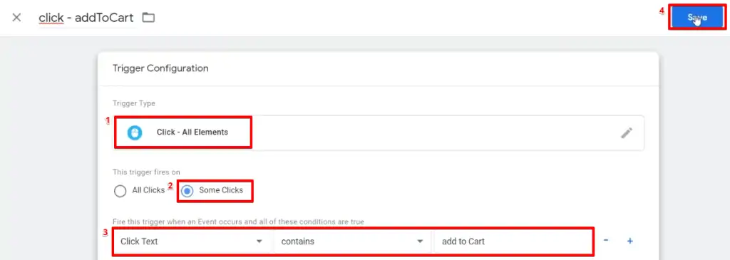 Filling up trigger information for a click trigger on Google Tag Manager