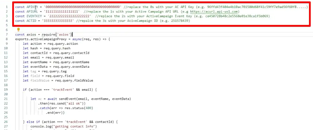 Information required for index.js codes on Google Cloud Functions