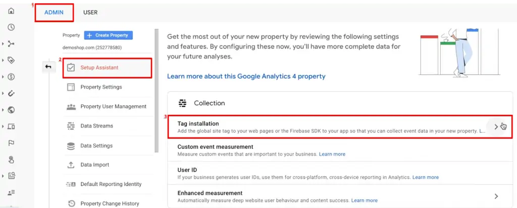 Navigating to Tag installation from the admin section of the Google Analytics account