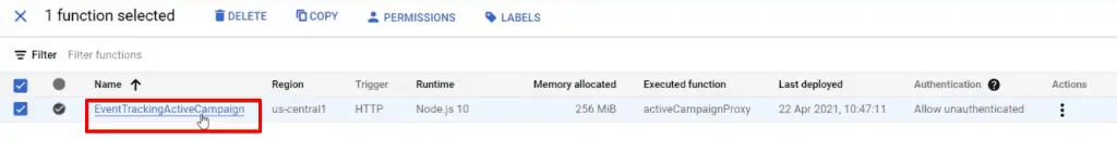 Opening ActiveCampaign tracking event for checking user actions on the Google Cloud account