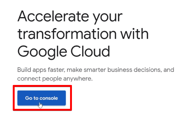 Opening console on the Google Cloud platform