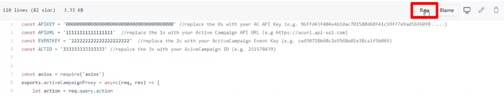 Opening raw index.js codes from the repository