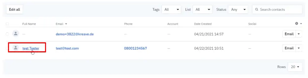 Opening the test user profile for checking the contact ID of the user