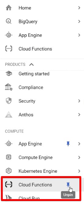 Pinning Cloud Functions on the Google cloud account menu