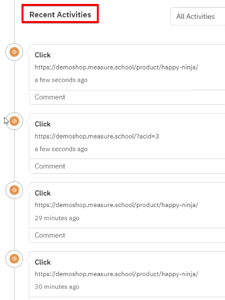 Reviewing recent activities performed by a user on your website