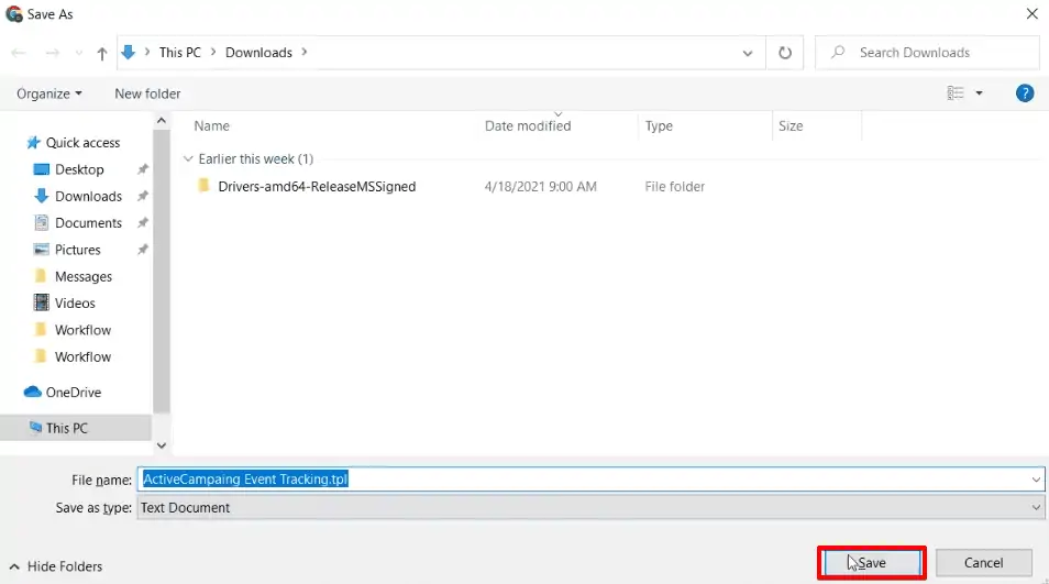 Saving the event tracking codes as a tpl file