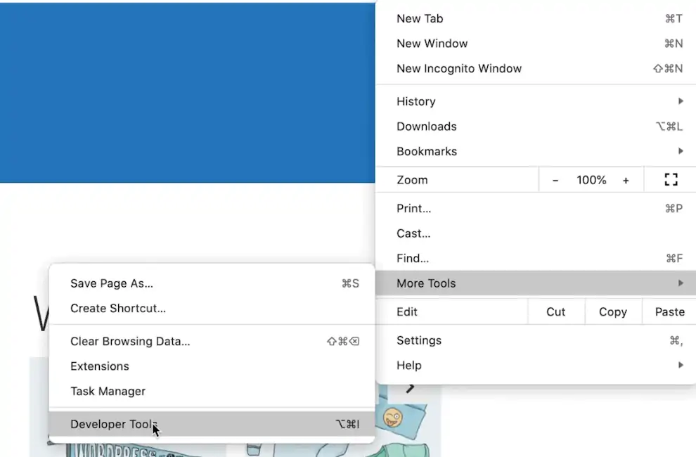 Using developer tools from the more tools section of the browser
