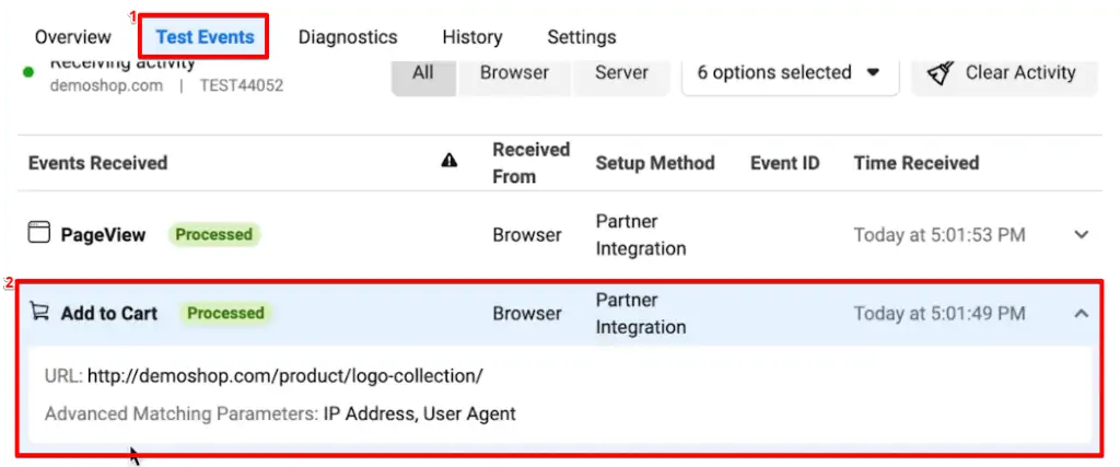Verifying the fired Tags from the Test Events section of the Facebook Pixel account