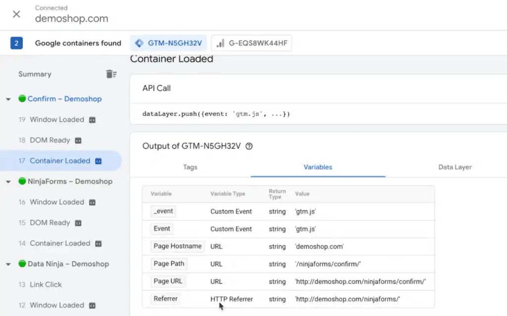 Verifying the fired variables from the loaded container of the Tag Assistant account