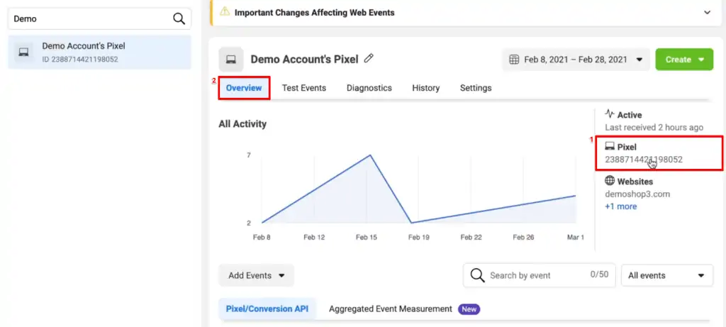 Accessing pixel ID from the overview section of the Facebook Pixel Manager