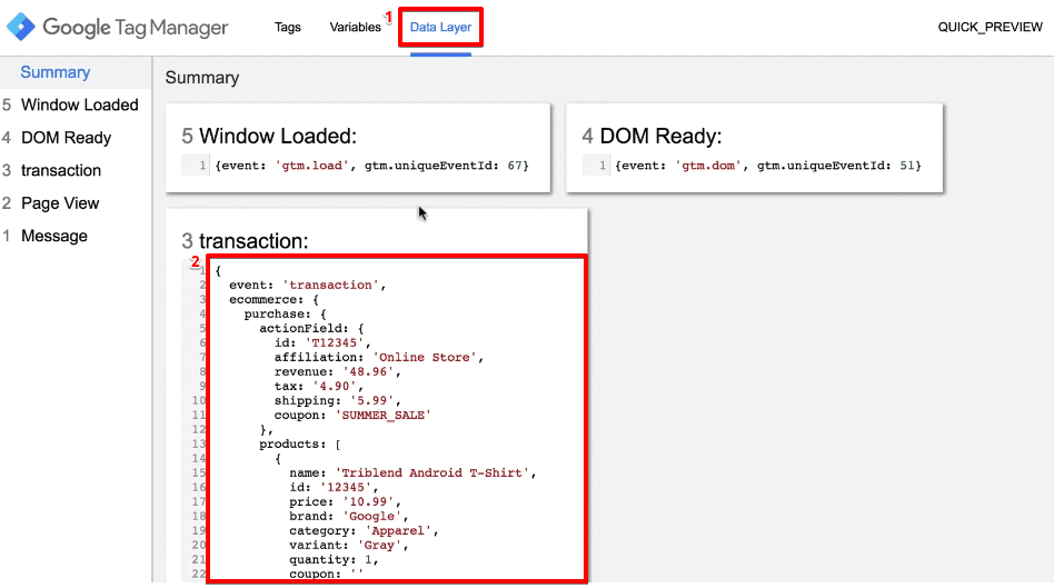 Accessing the data layer information to pull specific product details from the GTM preview window