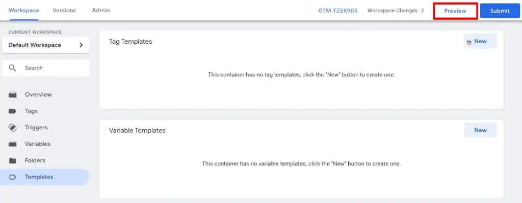 Accessing the preview and debug mode from the Google Tag Manager account