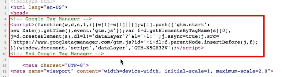 Accessing the website source code to verify the GTM snippet