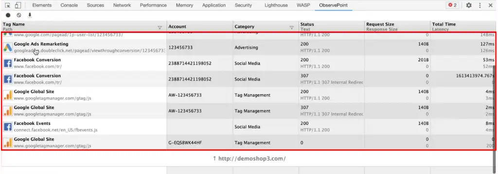 Analyzing ObservePoint tool from the developer tools section of the browser