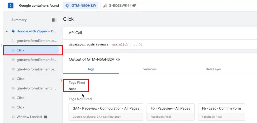 Analyzing the fired Tags from the events in the Google Tag Assistant legacy tab of the browser