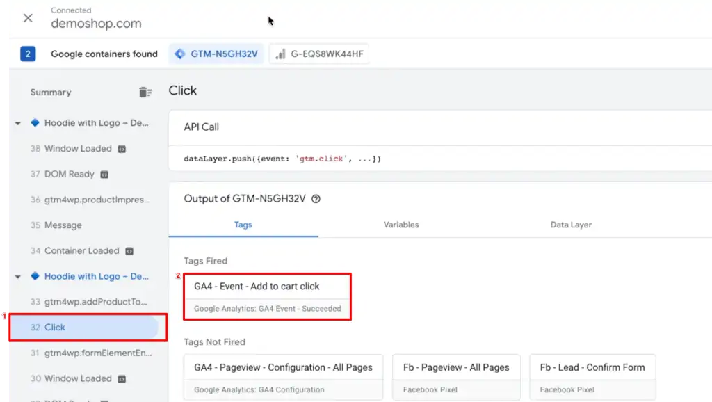 Analyzing the fired Tags from the events in the Google Tag Assistant legacy tab of the browser