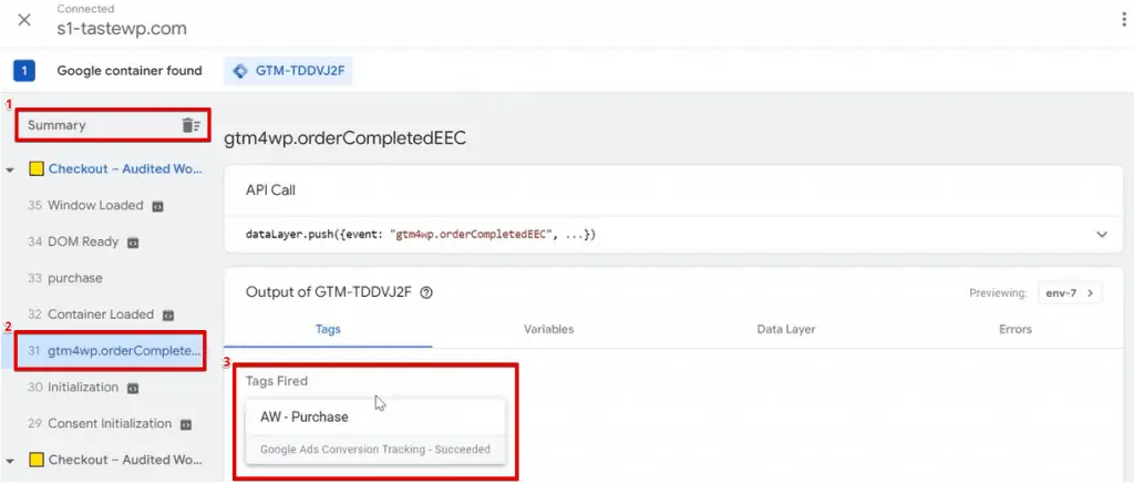 Checking the event and Tags fired in Tag Manager Summary
