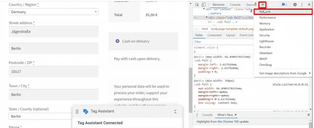 Choosing the Network option in the inspect screen