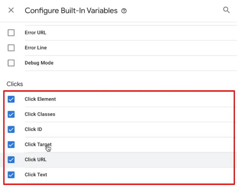 Choosing all click element variables to access triggers in the GTM account