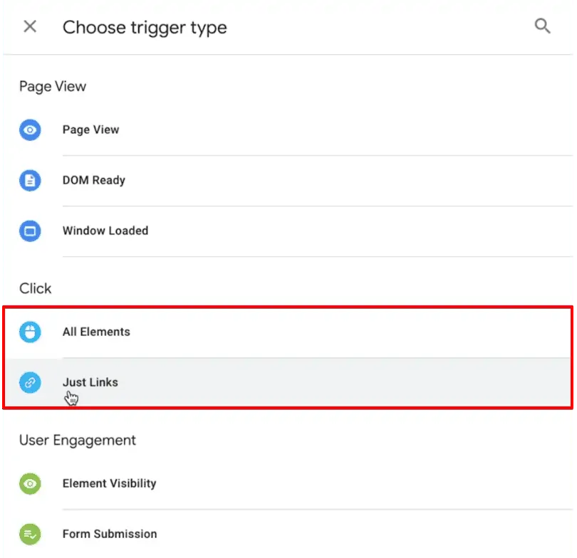 Choosing the correct click triggers from the template library of GTM