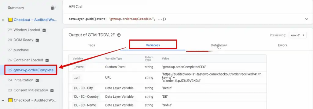 Choosing variables to see more data of the triggered tag.