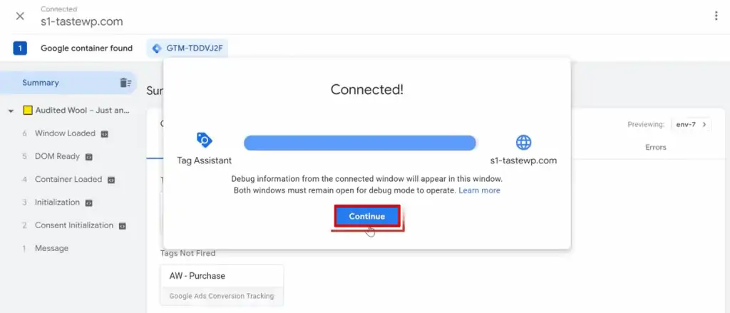 Clicking on the continue button to connect tag assistant with the website