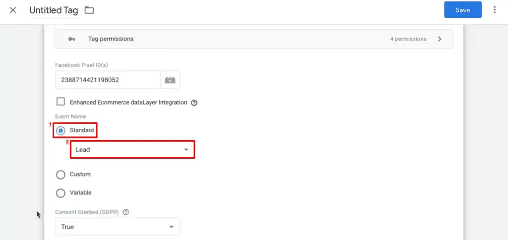 Configuring a Facebook Pixel type configuration of a new Tag in GTM