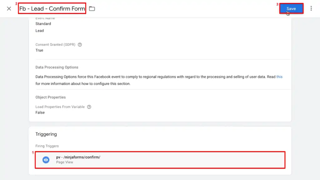 Configuring a Facebook Pixel type configuration of a new Tag in GTM