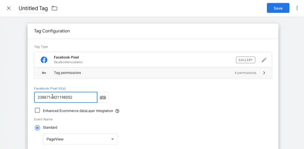 Configuring a new Facebook Pixel type Tag to the GTM account
