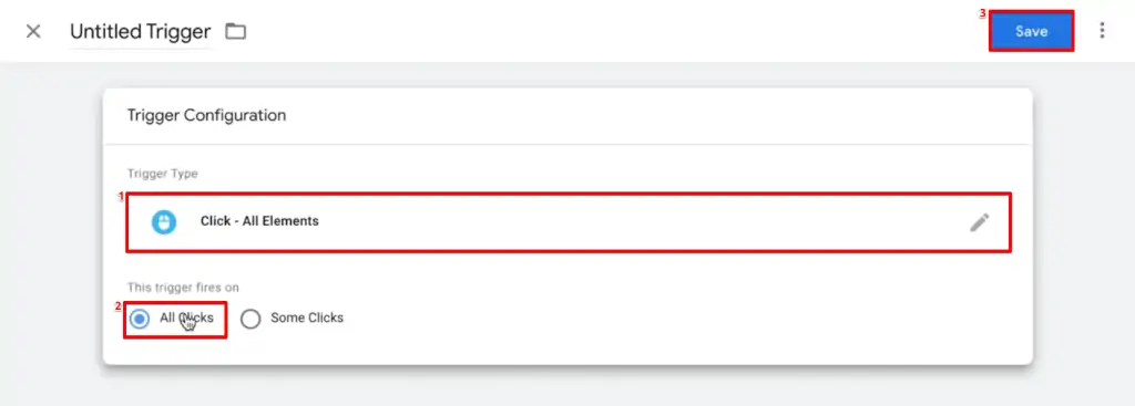 Configuring a new all elements click trigger from the GTM account