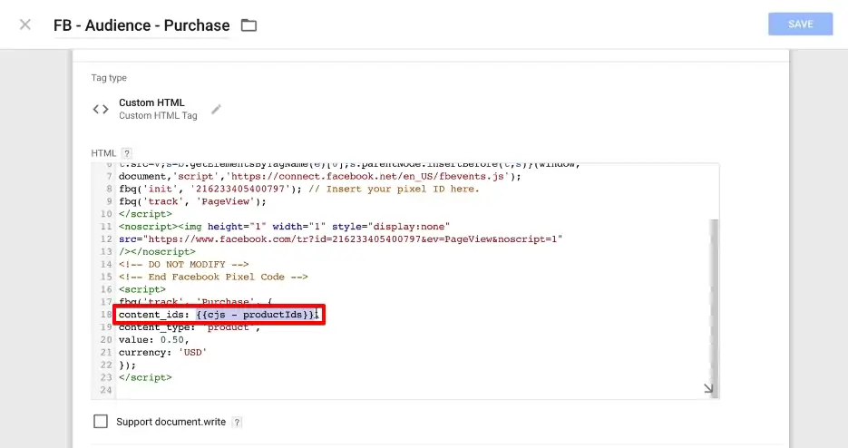 Configuring the predefined variable in the base code to push the content for product IDs in the GTM data layer