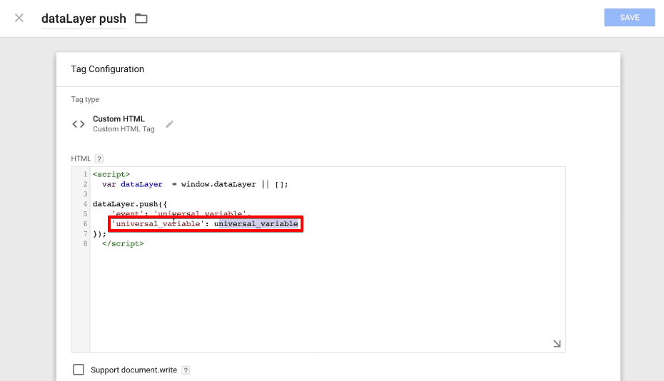 Configuring the universal variable to push the data into the data layer of GTM