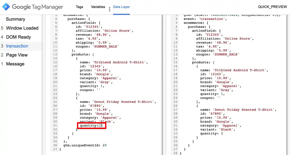 Counting the quality metric data for all the purchased products in the transaction event in GTM