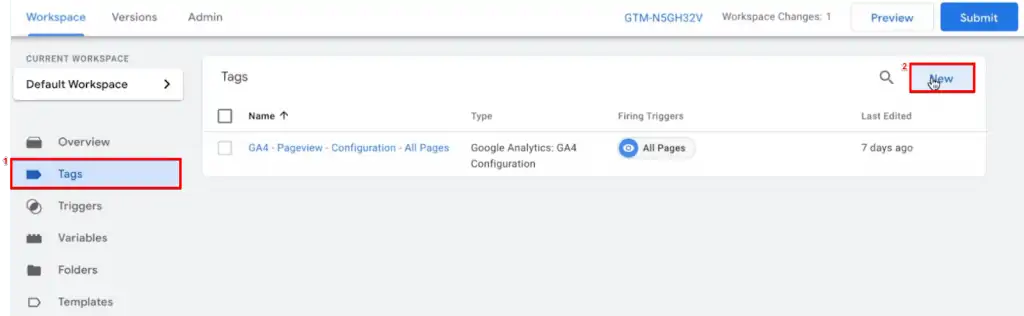 Creating a new Tag from the GTM account