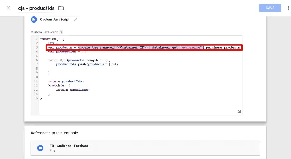 Custom JavaScript variable code for the products and their product IDs