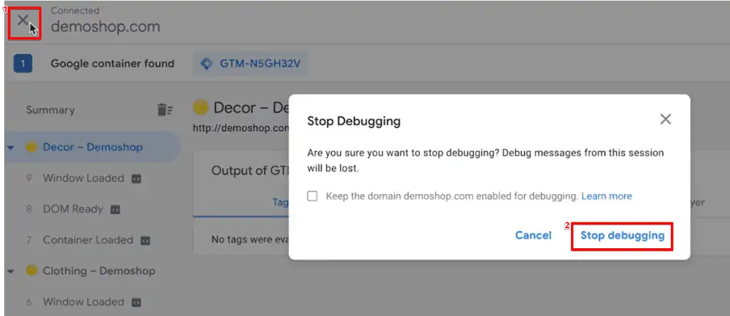 Exiting the preview mode of the website from the Google Tag Assistant tab