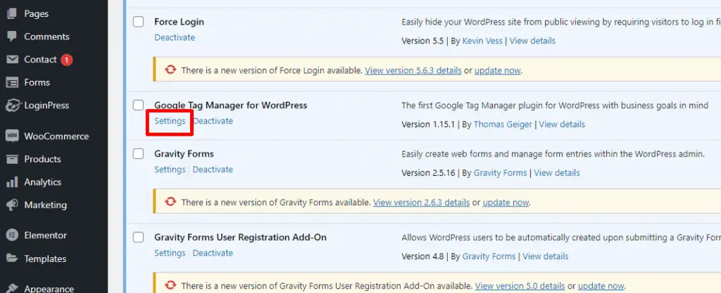 Finding Google Tag Manager for WordPress in the list and clicking Settings
