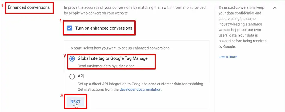 Following steps to enable Enhanced Conversions